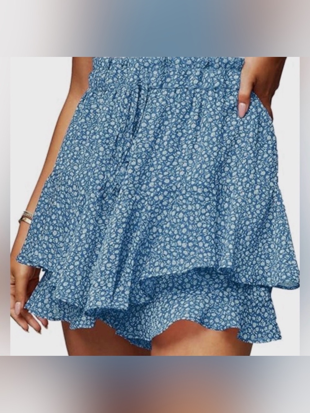 Tiered Skort Blue Floral High Waist Ruffle Hem Elastic Layered Sz Medium cottage